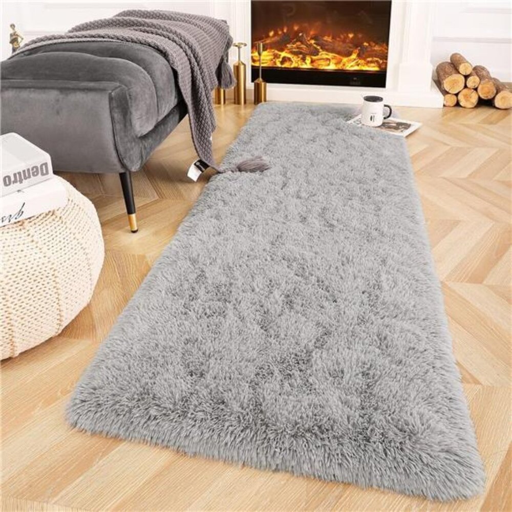 Fluffy Grey Hallway Runner Rugs for Bedroom Bed Side Non-Slip, 2x6 Feet Long